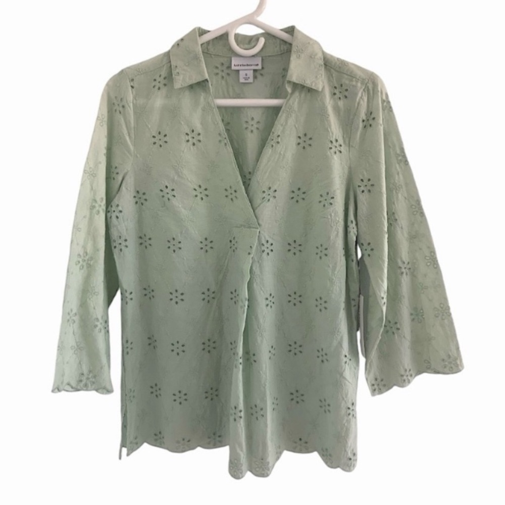 Liz Claiborne Eyelet Cotton Collared Blouse Seafoam Green Women’s Tunic